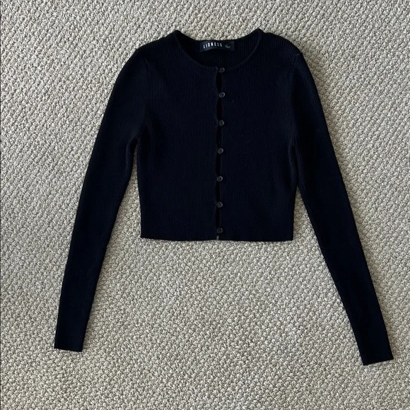 Lioness Black Ribbed Button-Up Cardigan - Picture 1 of 3